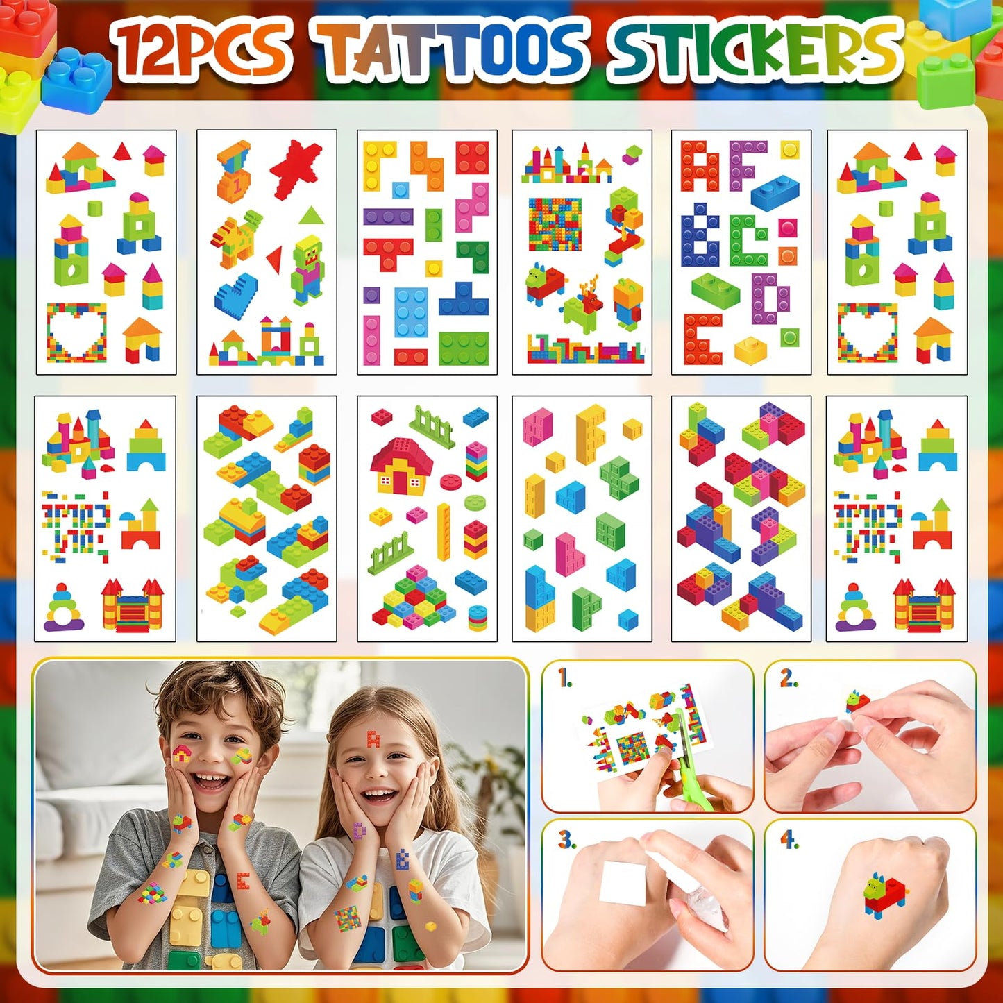 Building Block Birthday Party Decorations Supplies Kit - Balloons Tablecloth Banners Cake Toppers Foil Balloons Tattoo Stickers - Birthday Decorations for Kids Boys Girls Building-Themed Celebration