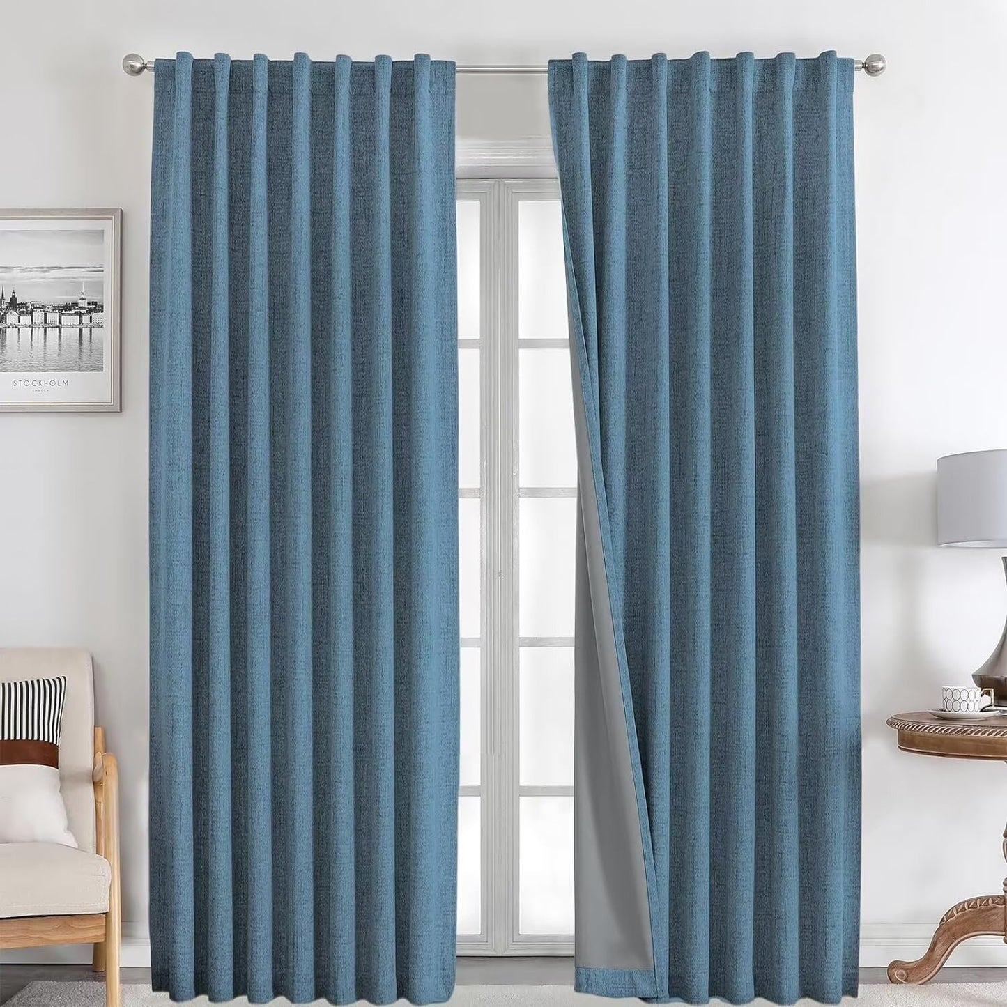 Joydeco Natural Linen Curtains 84 inch Length 2 Panels Set Burg 100% Blackout Patio Door Curtain Room Darkening Sliding Door Curtains Thermal Insulated Back tab Rod Pocket(105x84 inch, Sky Blue)