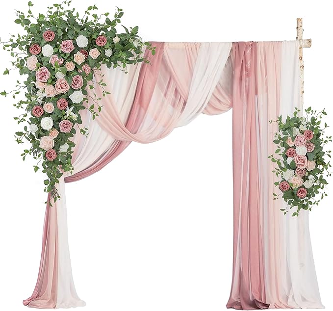 Wedding Arch Flowers with Drapes Kit (Pack of 5) - 2pcs Artificial Dusty Rose Deluxe Swag with 3pcs Hanging Sheer Drapes for Wedding Ceremony Arbor Reception Backdrop Rose Floral Decoration