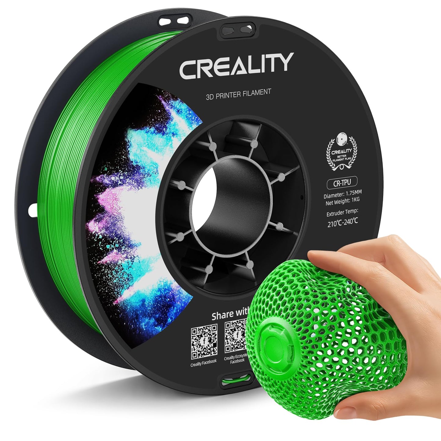Creality TPU Filament 1.75mm Green, Flexible 3D Printer Filament TPU 95A, 1kg(2.2lbs) Neatly-Wound Spool, Excellent Resilience,