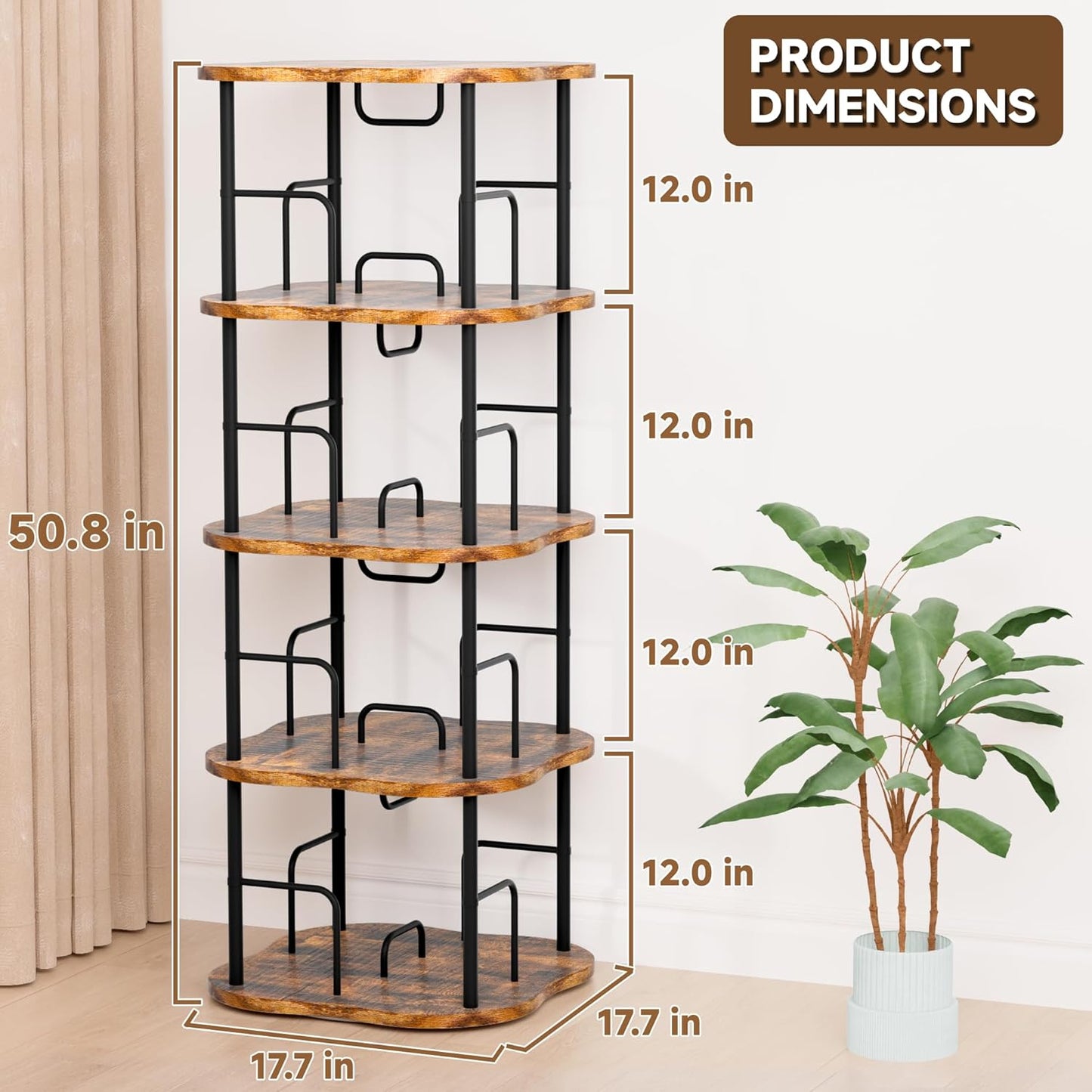 4-Tier Rotating Book Shelf, 360° Display Spinning Bookshelf Tower, Book Organizer, Floor Standing Bookcases for Small Space, Corner Book Shelf for Bedroom, Living Room, Study Room (RUSTIC BROWN)