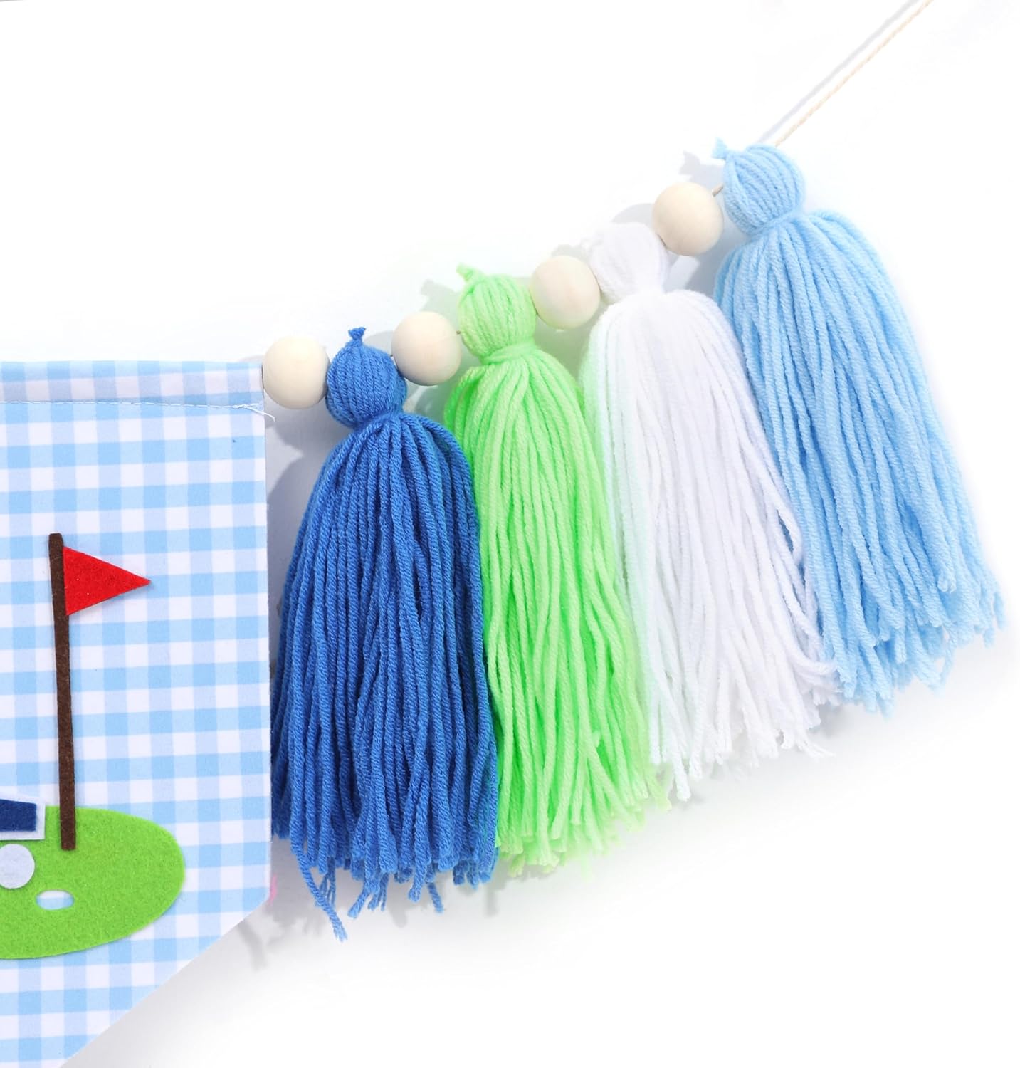 Golf 1st Birthday High Chair Banner - Hole in One Cake Smash Decorations, Golf Yarn Tassel Highchair Banner, Blue and Green Birthday Decor for Boys