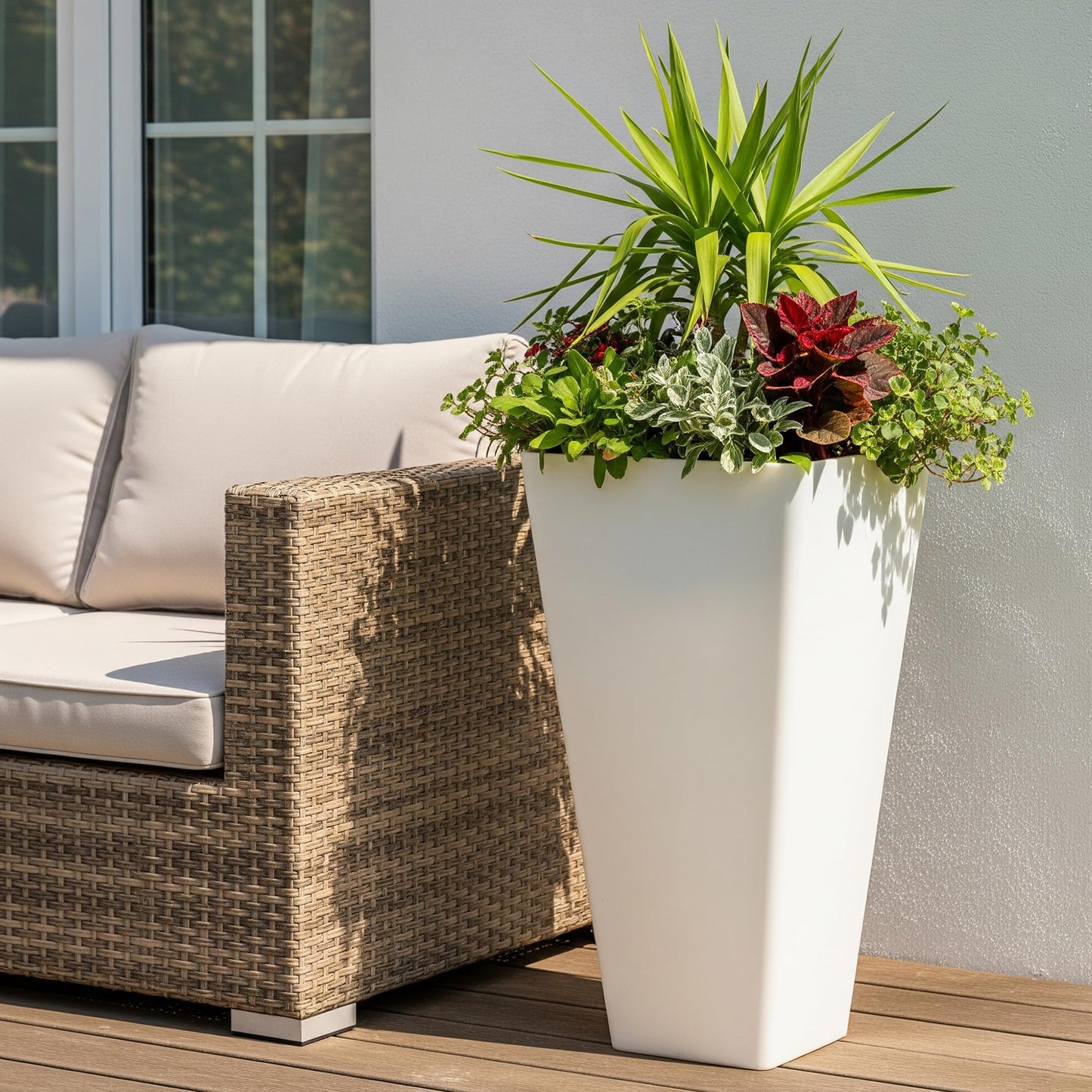 WORTH Garden Large 28 in.Tall Planters Set of 2 for Indoor and Outdoor, Heavy Duty Plastic White Modern Taper Flower Plant Pots with Drainage Hole and Dual-Purpose Tray for Front Porch, Patio
