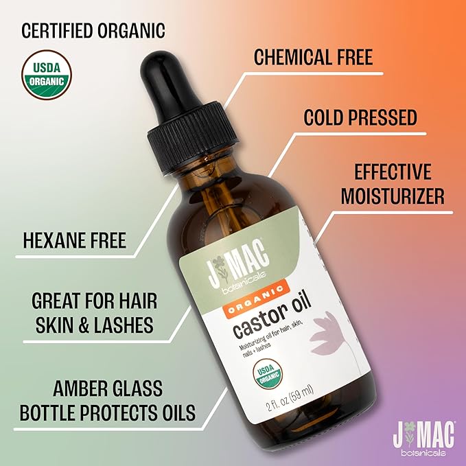 J MAC BOTANICALS Organic Castor Oil, 100% Pure (2oz Glass Bottle with dropper) - For Eyelashes, Eyebrows, Hair & Skin
