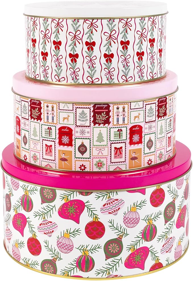 Martha Stewart Metal Cookie Tins, 3-Piece Nesting Set, Small, Medium & Large, Christmas Containers for Gift & Storage (Ornaments and Bows)