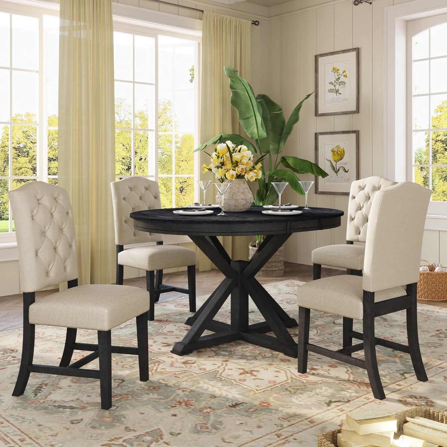 SogesPower 5-Piece Retro Dining Table Set, Round Farmhouse Kitchen Table Set for 4, Space-Saving Kitchen Table Set with Extendable Table and 4 Upholstered Chairs for Dining Room Living Room,Espresso