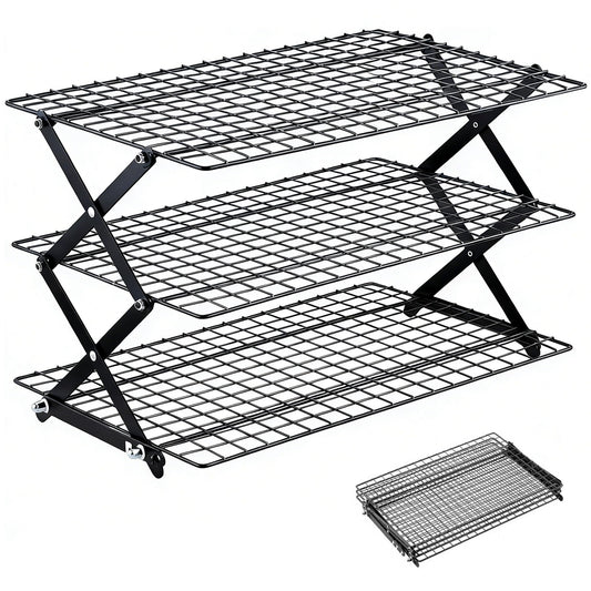 ZESHIHAOGUO 3-Tier Collapsible Cooling Rack with 3-Setting Design, Heavy-Duty Steel Baking Rack for Oven Safe Cooking & Space-Saving Storage