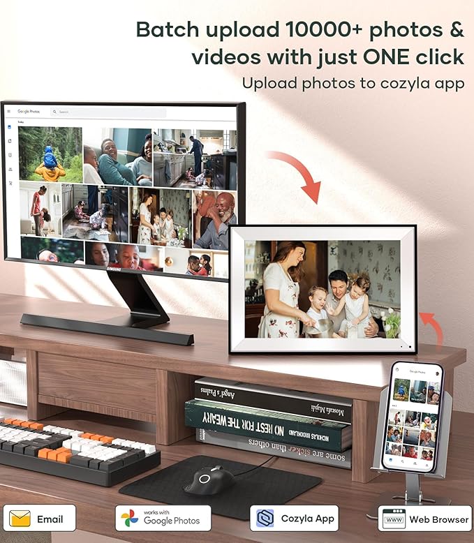 Cozyla 10.1'' WiFi Digital Picture Frame AI-Enhanced Free Unlimited Storage Auto-Rotate Share Photo＆Video via Apps from Phone Smart Digital Photo Frame Electric Picture Frame Slideshow Display Mat