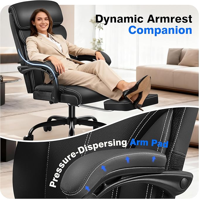 Office Chair - Ergonomic Comfortable High Back Computer Desk Chair with Foot Rest - Executive Breathable Swivel Rolling Reclining Leather Chair with Lumbar Support for Home Gaming Relaxing