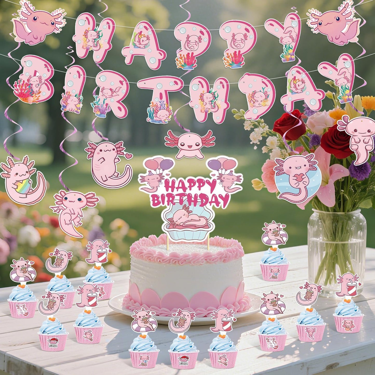 NeusWonder 120 PCS Axolotl Birthday Party Decorations Kit Axolotl Banner, Cake Topper, Cupcake Toppers, Hanging Swirls & Stickers Cute Axolotl Theme Party Supplies for Birthday, Party Decor
