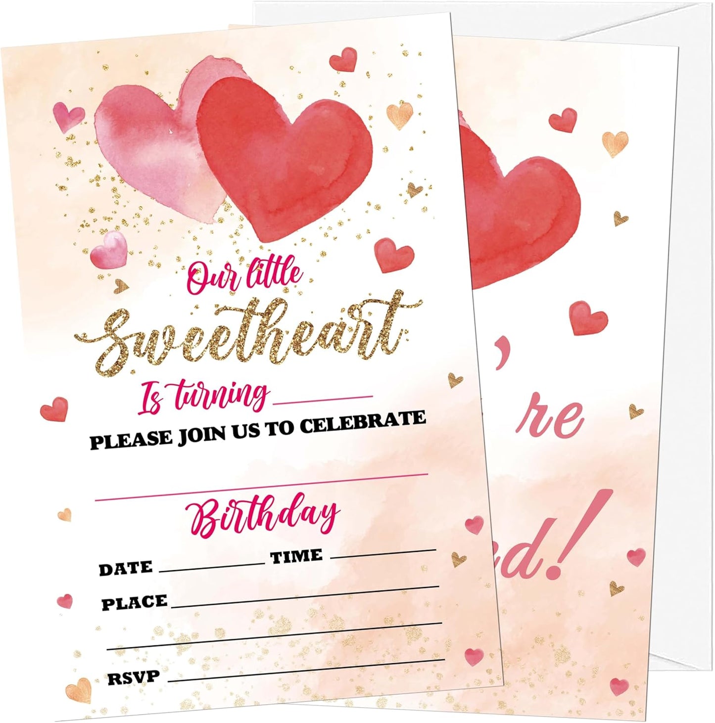 Sweetheart Birthday Invitations, 20 Invitation Cards with Envelopes, Pink Gold Hearts Valentine's Invites for Party Decorations Favor Supplies - A08
