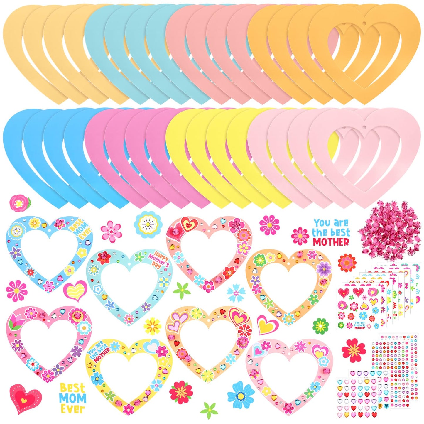 Motipuns 72 Pcs Mothers Day Craft Kits DIY Mother's Day Craft with Heart Wreath Heart Flower Gem Stickers Pom Poms Ribbon Foam Dots Paper Gifts for Mom Grandma Ladies DIY Activity