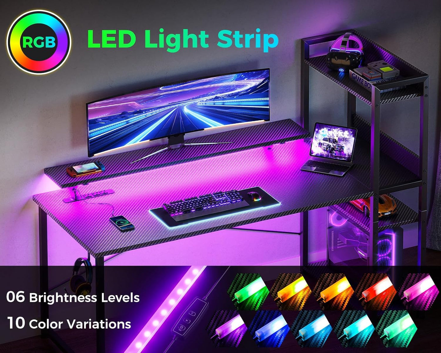 ODK Reversible 55 Inch Gaming Desk with USB Charging Port and LED Lights, Computer Desk with Storage Shelves and Monitor Stand, Study Table for Home Office, Morden Desk for Bedroom, Carbon Fiber Black