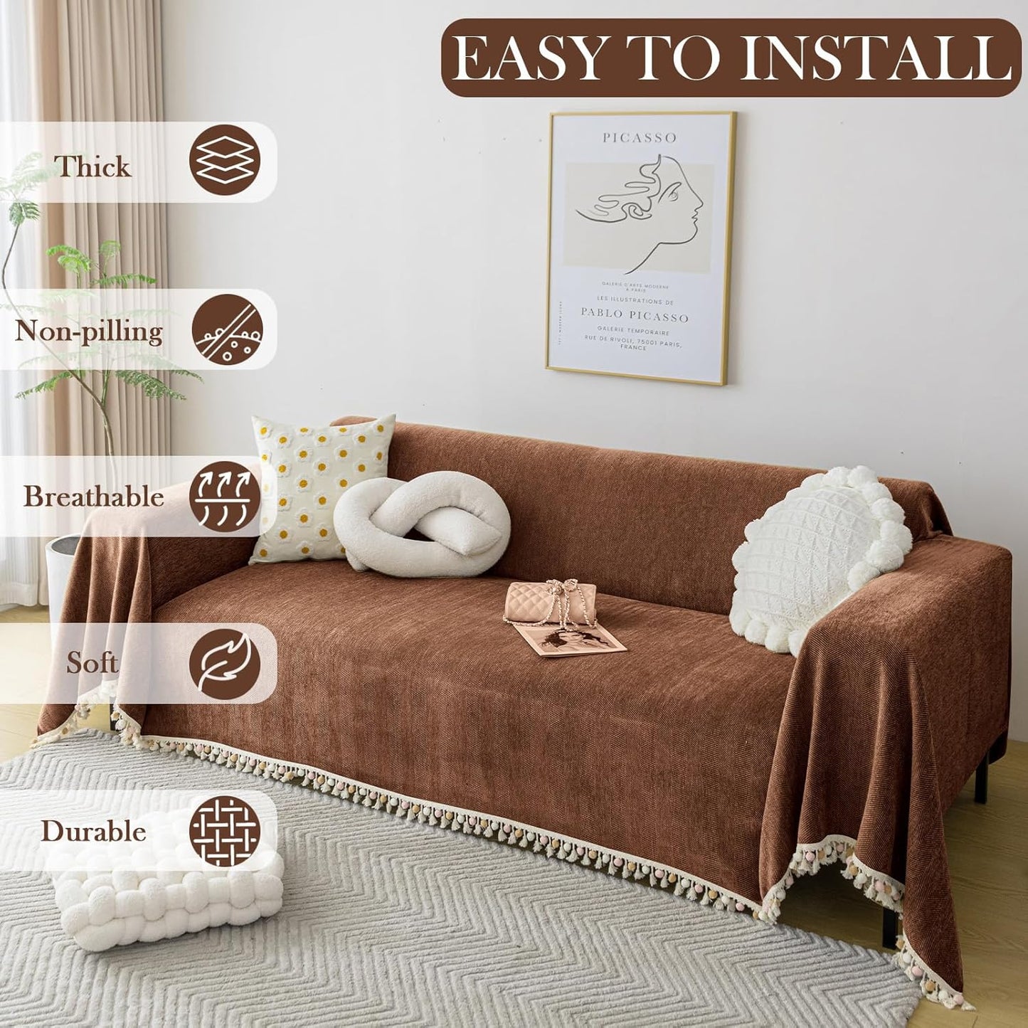 HANDONTIME Boho Style Sofa Cover with Tassels, Washable & Non-Slip Couch Cover for 3 Cushion Sofa, Herringbone Pattern Pet-Friendly Sofa Slipcover, Chocolate Color, 91"x150", Living Room Decor