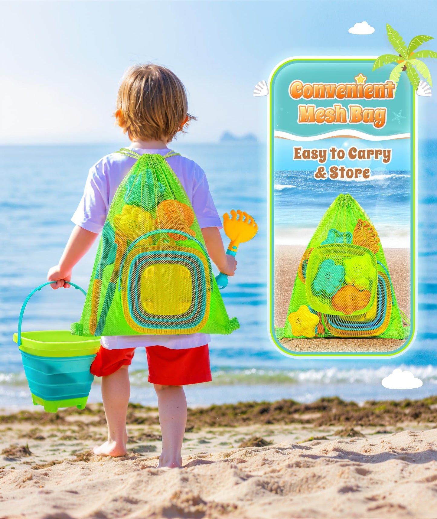 DUDUCOFU Collapsible Beach Sand Toys for Kids Toddlers, Collapsible Sand Bucket with Sifter Shovels Set with Mesh Bag and Sand Molds, Travel Beach Sandbox Toys for Boys Girls 3 4 5 6 7 8 9 10