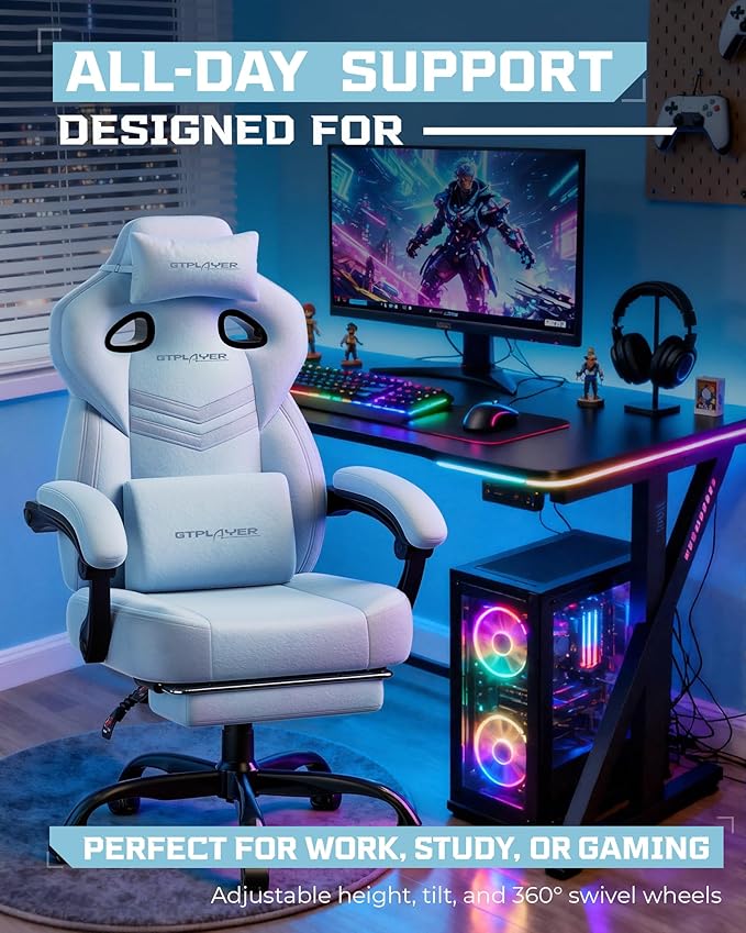 GTPLAYER Gaming Chair, Computer Chair with Footrest and Lumbar Support for Adults, 360°-Swivel Big & Tall Reclining Seat for Office or Gaming (Blue)