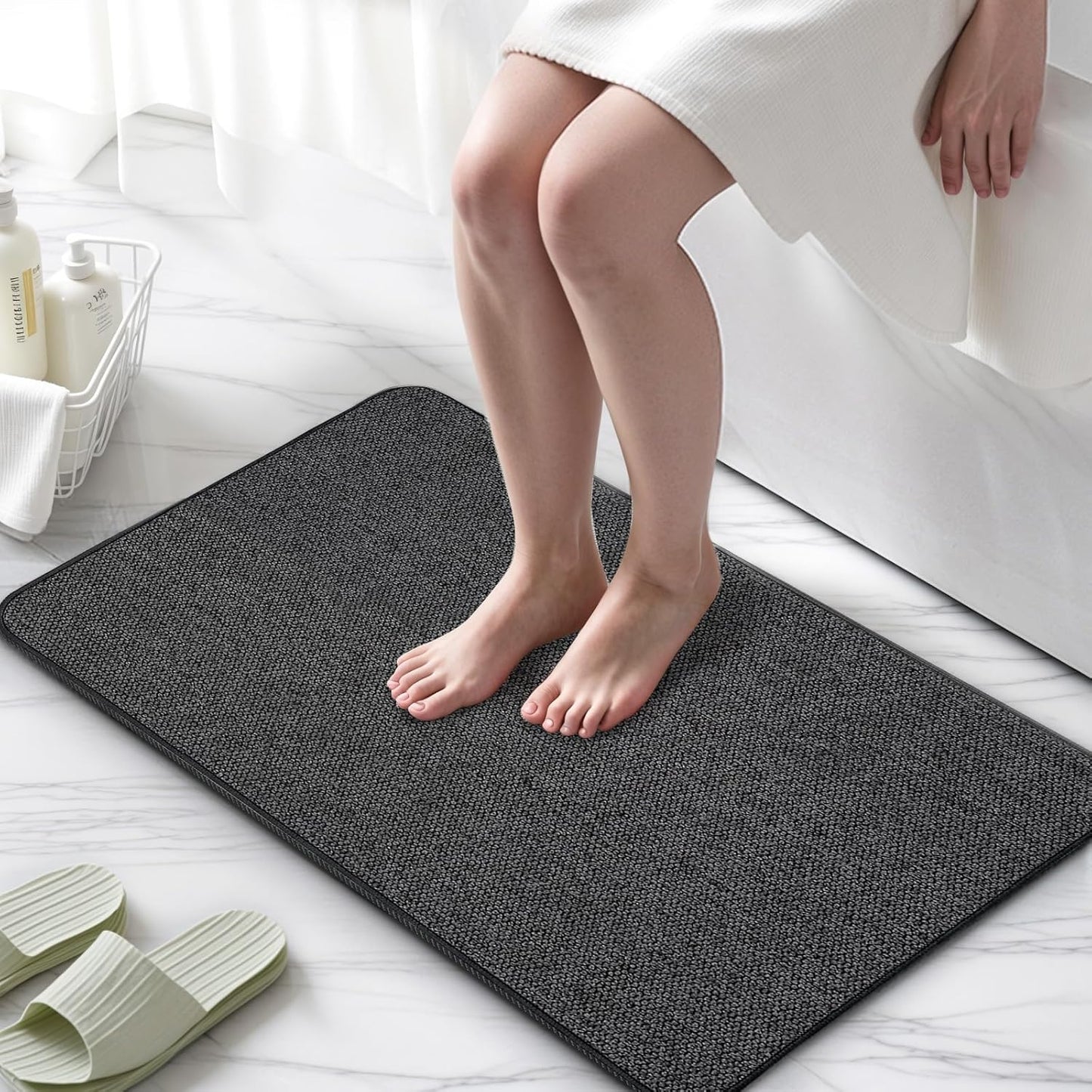 Upgraded Bathroom Rugs 20x24Inch, Thin Bath Mat with Rubber Backing Non-Slip, Absorbent,Quick Dry Machine Washable, Home Decor Accessories Cozy Cloth Bathroom Mat fit Under Door/Sink/Tub/Shower-Black