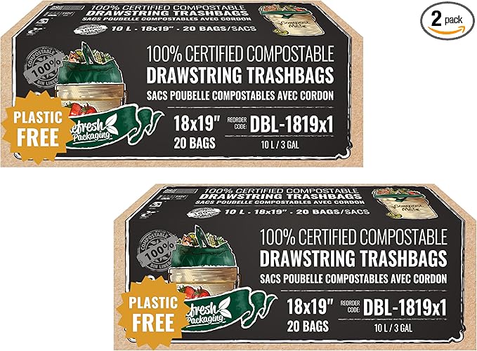 All Purpose Kitchen Trash Bags - 100% Certified Compost Safe Garbage Bag - Yard Waste Green Bin Liners - 10L / 3 Gallons - Drawstring Handles for Easy Use - 20 Bags Per Box