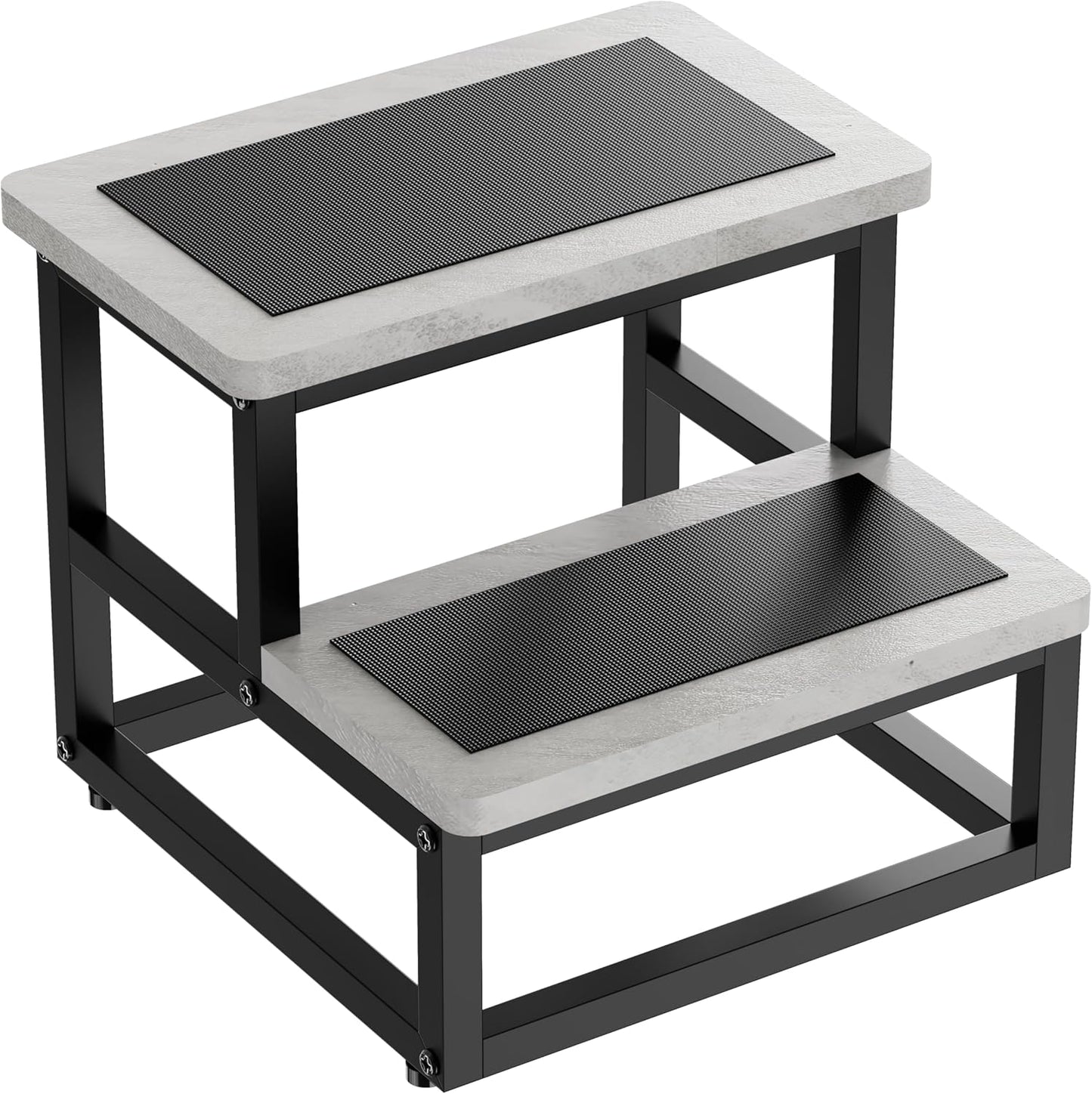 Step Stools, Heavy Duty Stepping Stool for Kids Adults, Non-Slip Metal and Wooden 2 Steps Foot Stool for High Beds and Kitchen, Round Corner, 500 Lbs Capacity, Cement Gray
