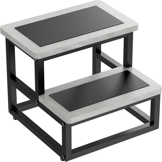 Step Stools, Heavy Duty Stepping Stool for Kids Adults, Non-Slip Metal and Wooden 2 Steps Foot Stool for High Beds and Kitchen, Round Corner, 500 Lbs Capacity, Cement Gray