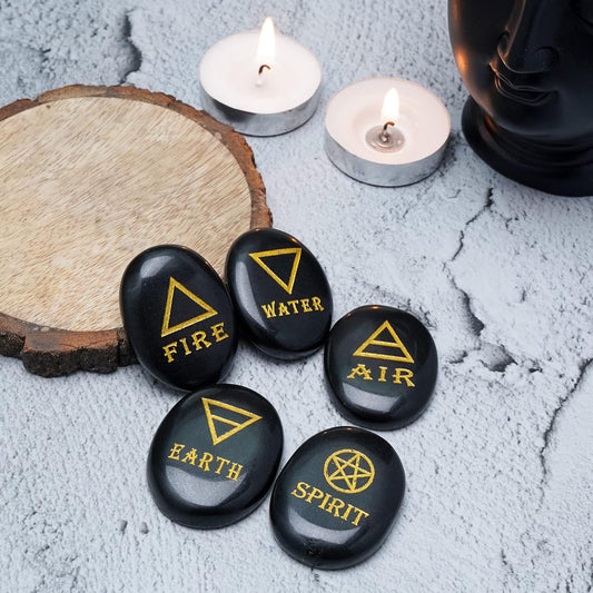 ZAICUS 5 Elements Black Tourmaline Engraved Stones Set, Polished Crystal Stones with Earth Air Fire Water Spirit Symbols for Reiki Healing, Chakra Balancing, Meditation, Spiritual Decor & Gift