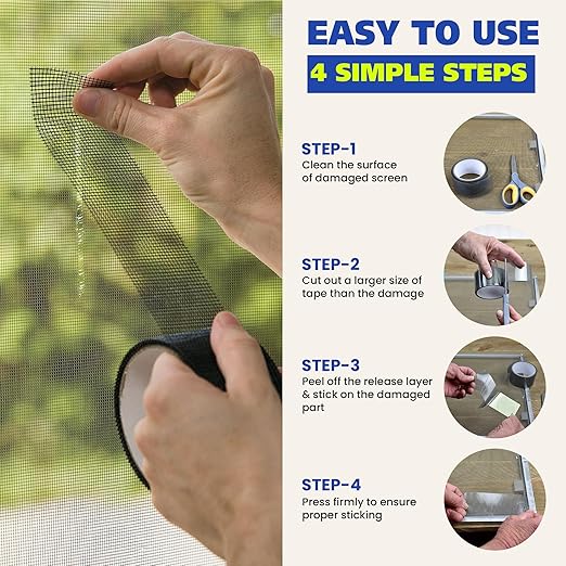 Screen Repair Tape – Fiberglass Mesh, Strong Adhesive, Weather-Resistant Window & Door Screen Patch – Easy to Use, Durable Screen Repair Kit for Holes & Tears