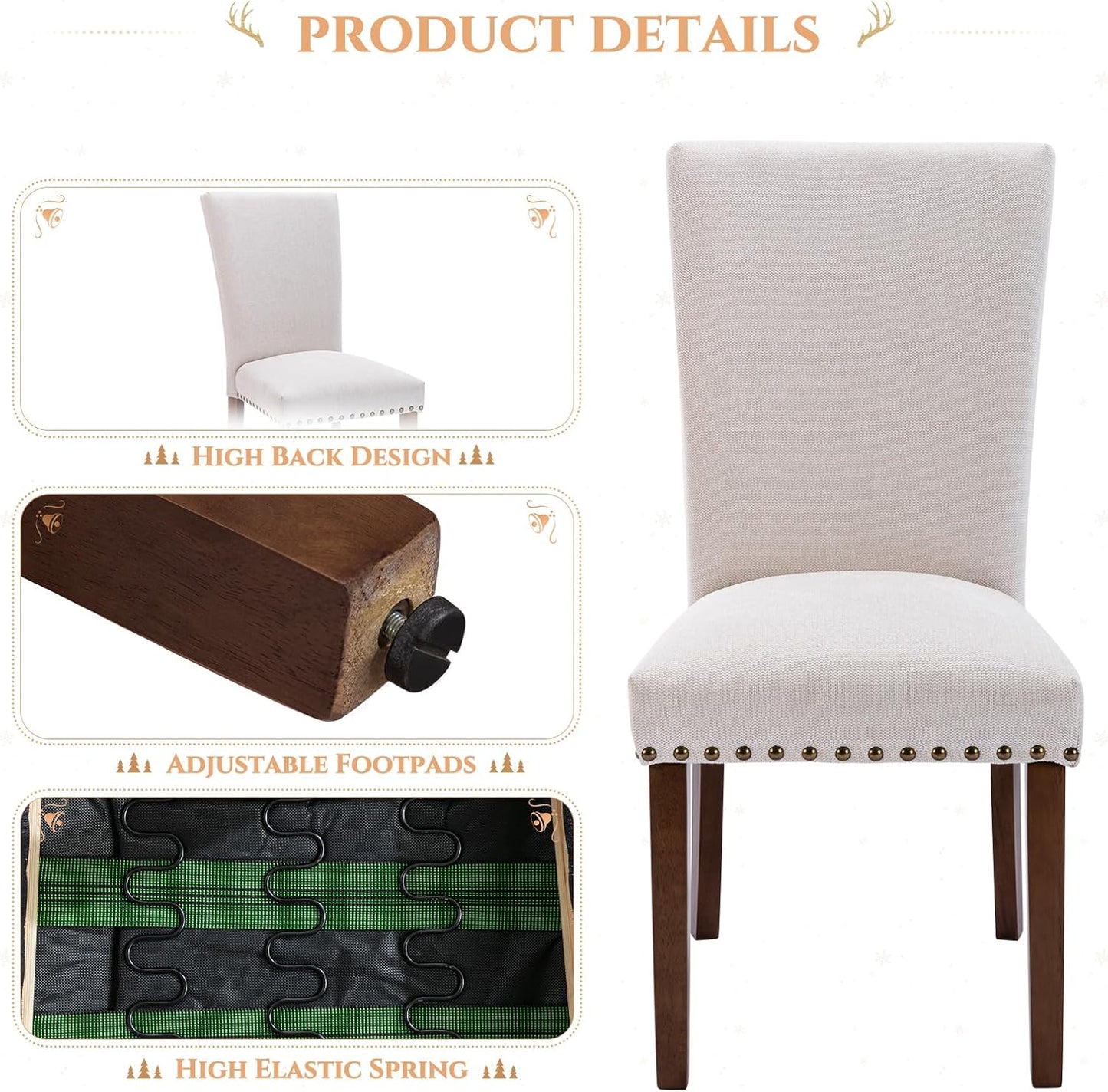 Set of 6 Beige Upholstered Dining Chairs, Farmhouse Kitchen Chairs with High Back, Solid Rubberwood Legs, Comfortable Padded Foam Seat, Bronze Nailhead Trim, Dining Room Chairs for Large Families