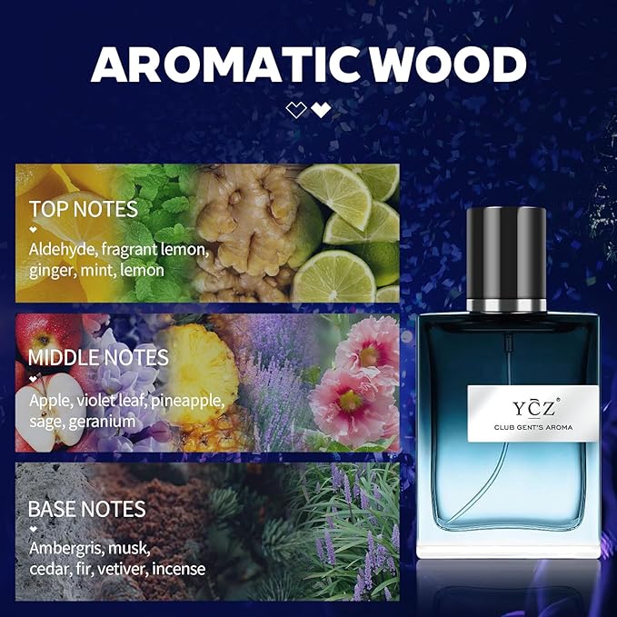 Ycz CLUB GENT'S AROMA, 1.7oz(50ml), Man Perfume, Nightclub Essential Fragrance, Long Lasting Cologne for Men with Aromatic Woody Notes of Aldehyde, Ginger, Mint, and Lemon