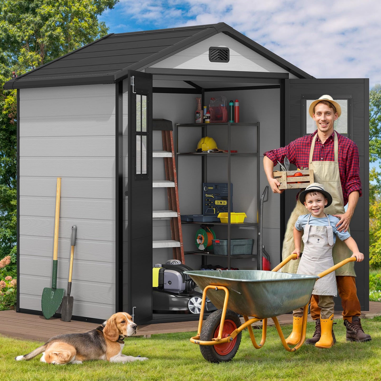 DWVO 6x4.4 FT Outdoor Storage Shed, Plastic Garden Tool Shed with 2 Windows, Double-Wall Outside Shed for Lawn Mower, Garden Tool for Backyard, Patio, Lawn, Lockable, Grey & Black