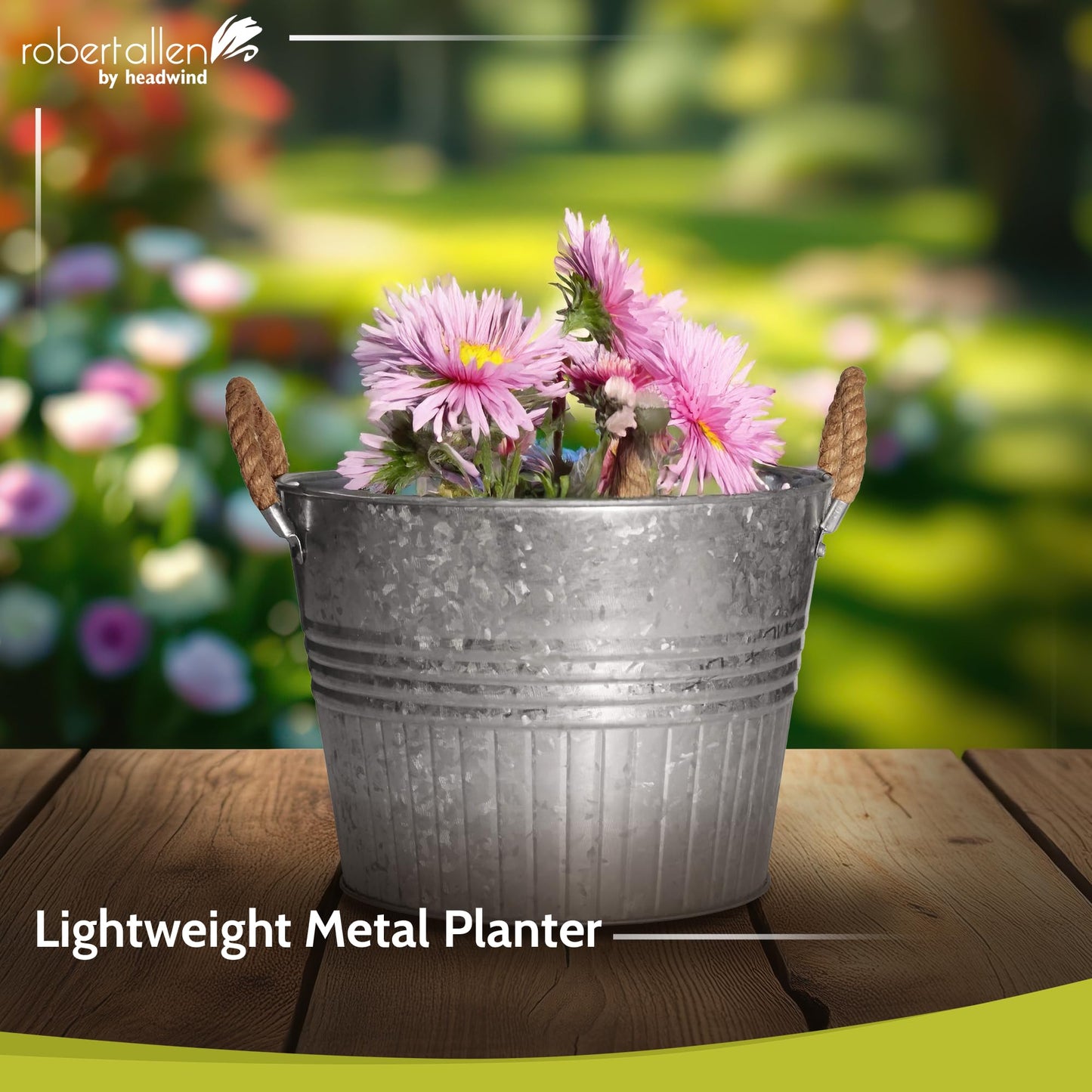Headwind Decorative Planter - Round Galvanized Bucket w/Rope Handles – 10 Inch Metal Tub Bucket Planter for Outdoor Plants w/Drainage Hole – Galvanized Large Outdoor Planters Buckets by Robert Allen