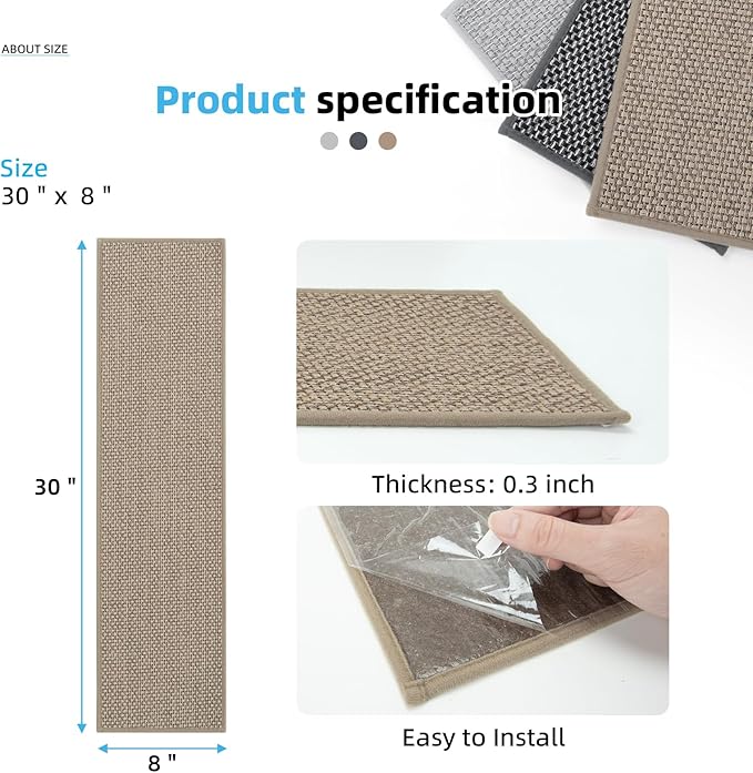Art3d Stair Treads for Wooden Steps 15Pcs, 8" X 30" Non Slip Stair Runner Rugs with Reusable Adhesive for Elders Kids and Dogs, Machine Washable Peel and Stick Stair Treads Carpet, Beige