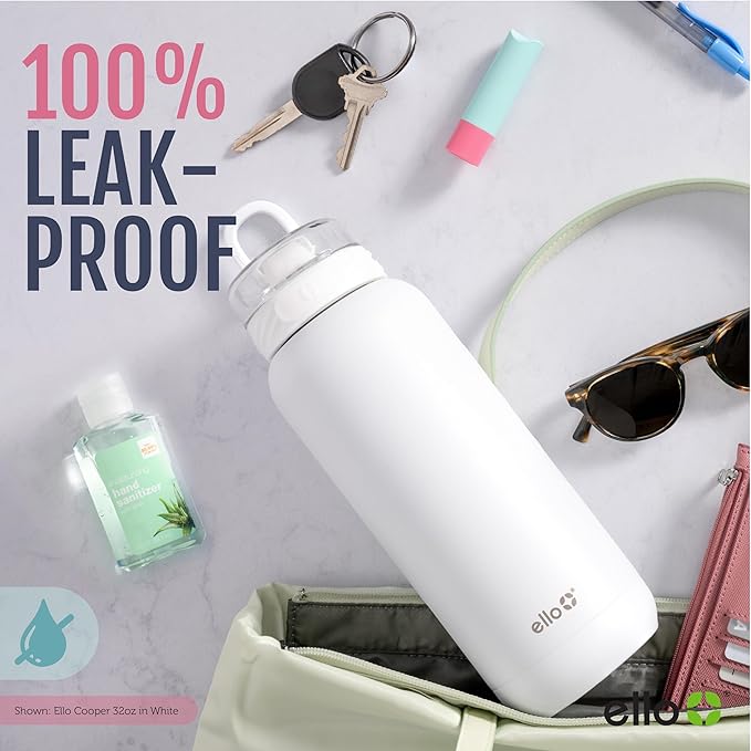 Ello Cooper 40oz Stainless Steel Water Bottle with 2 Lids Chug and Straw | Leak Proof | Double Walled and Vacuum Insulated | Built in Carry Loop | Dishwasher Safe | Yucca