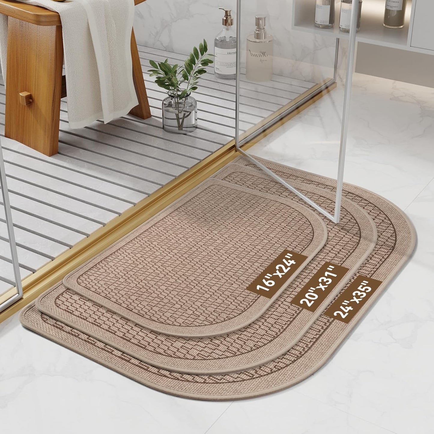 Bathroom Rugs Mat 20x31, Non Slip Ultra Thin Bath Mat Quick Dry Absorbent Washable Woven Half Round Bath Mats for Bathroom Floor Rubber Backed Fit Under Door Brown
