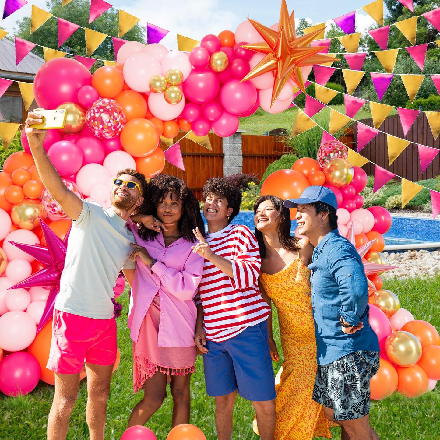 Bonropin Pink and Orange Balloon Arch Kit with Hot Pink Orange Metallic Gold Latex Balloons Garland kit 18 12 10 5Inch Different Size Balloons for Birthday Baby Shower Wedding Summer Party Decorations