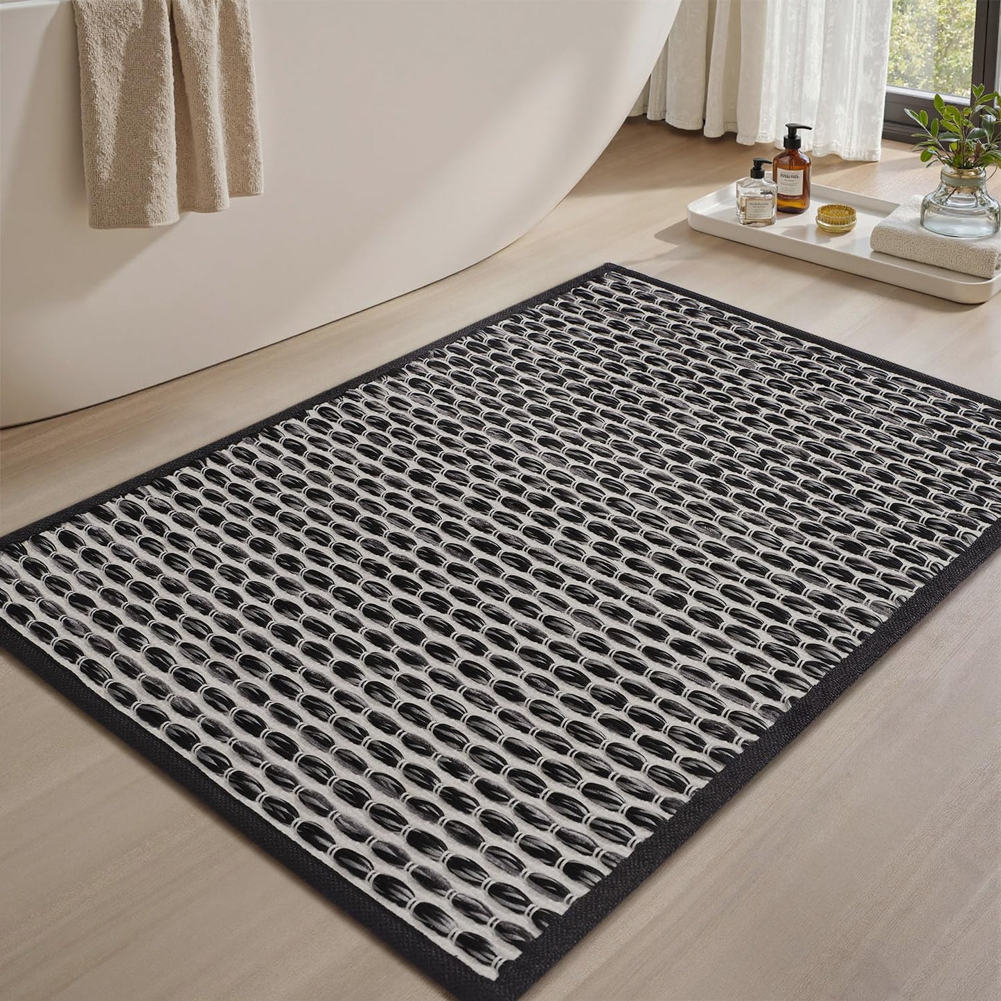 AMOAMI Unique Woven Bath Mat, Super Absorbent Non Slip Bath Mats for Bathroom Floor Textured Bathroom Mat Quick Dry Washable Bath Rug Boho Thin Rugs for Bathroom Beside Tub, 24" x 36", Black