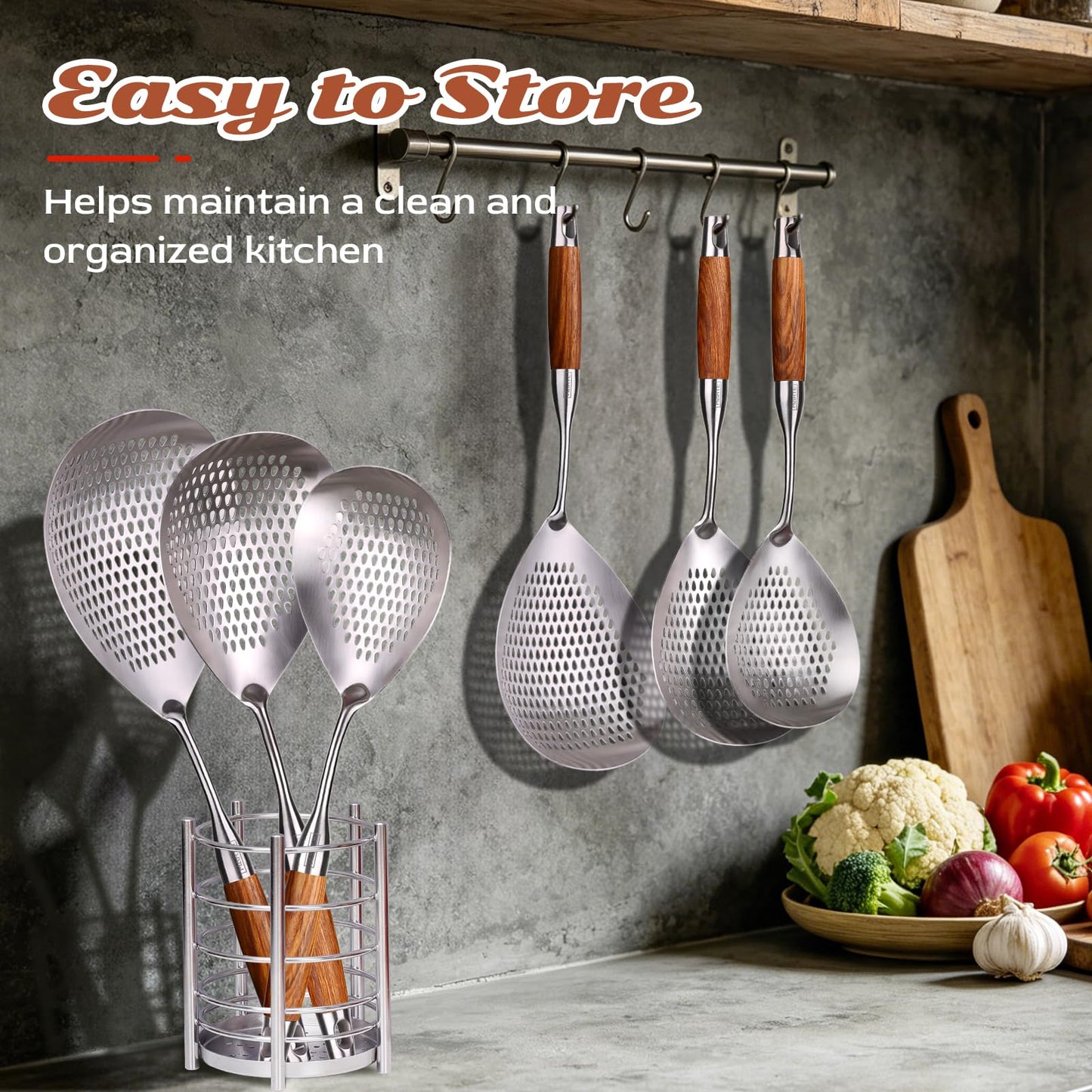 MARTE Skimmer Slotted Spoon,304 Stainless Steel Pasta Spider Strainer Ladle for Frying and Cooking,Kitchen Colanders & Food Strainers Set of 2，Slotted Spoon with Heat-Resistant Solid Wood Handle