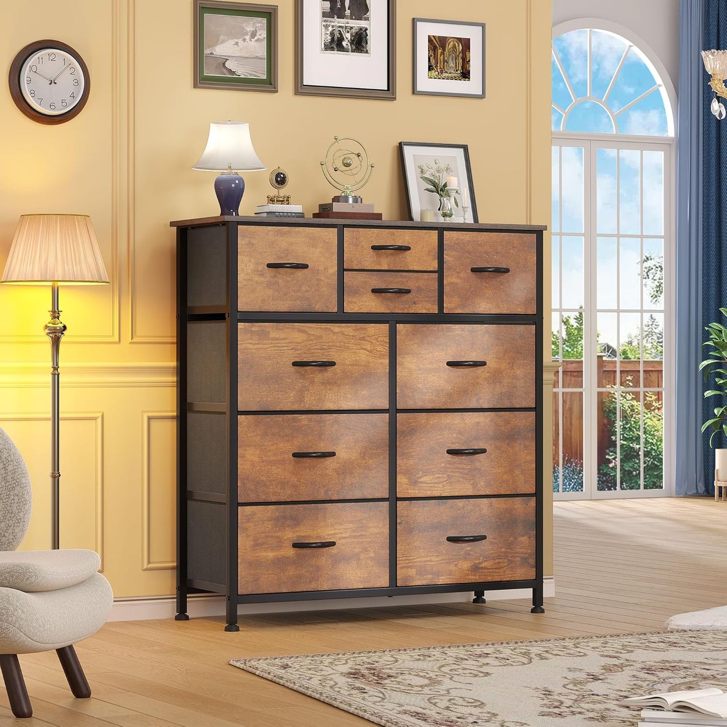 DWVO Dresser with 10 Drawers - Fabric Storage Tower, Organizer Unit for Living Room, Hallway - Sturdy Steel Frame, Wooden Top & Easy Pull Fabric Bins