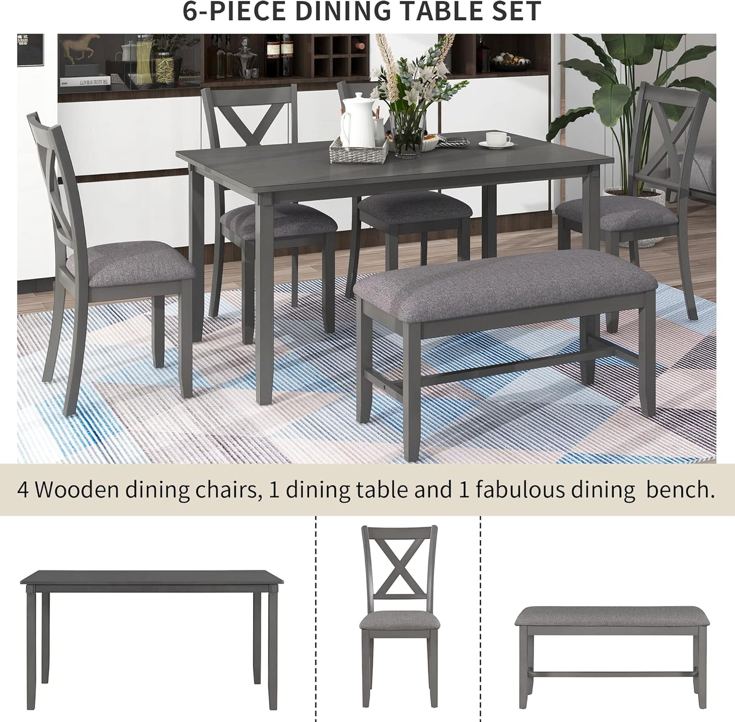 Merax 6-Piece Kitchen Dining Table Set Wooden Rectangular Dining Table, 4 Dining Chair and Bench Family Furniture for 6 People, Grey