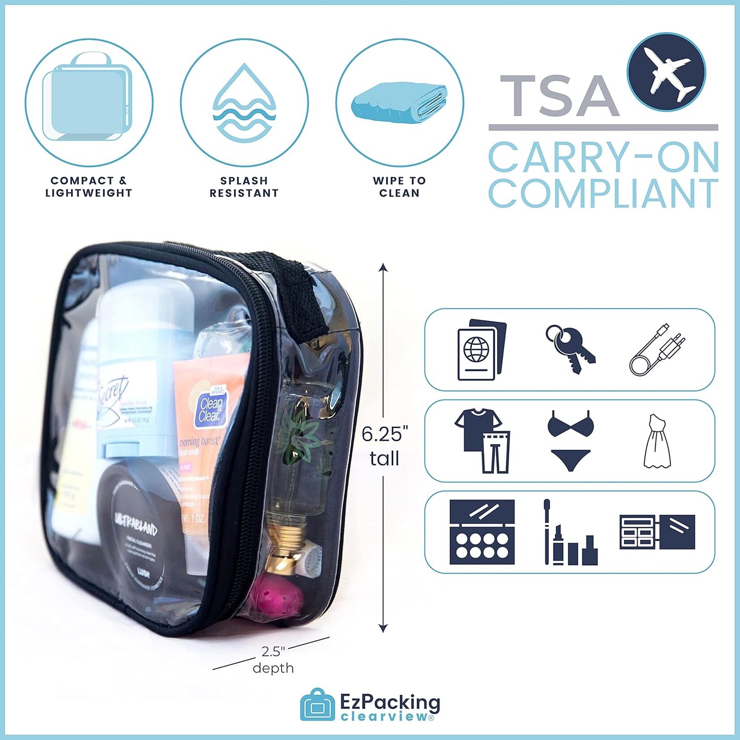 EzPacking Clear TSA Approved 3-1-1 Travel Toiletry Bag for Carry On/Quart Size Transparent Liquids Pouch for Airport Security/See Through Vinyl & PVC Plastic Organizer for Men and Women (Royal Blue)