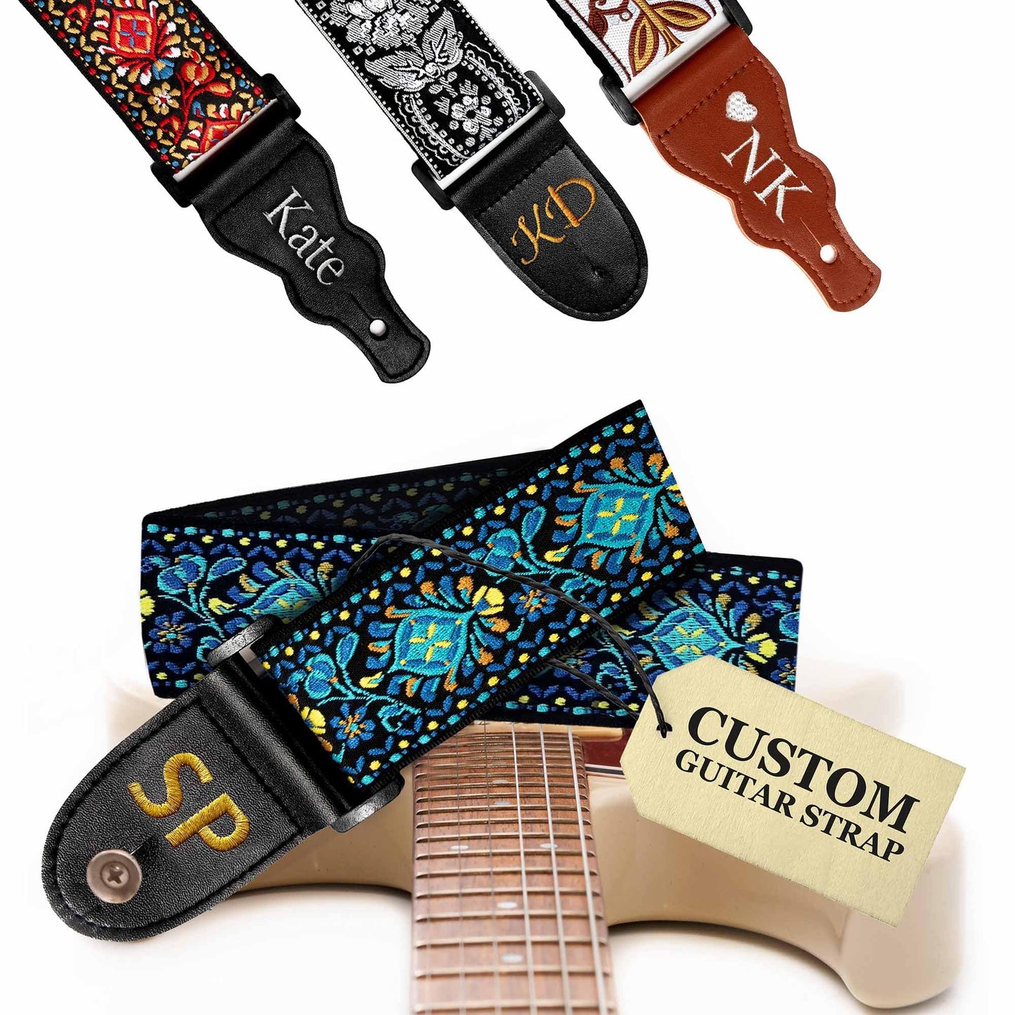Personalized Guitar Strap Blue Vintage Woven including - 2 Picks + Locks + Secure Button. Add Your Text and We Make It Especiall