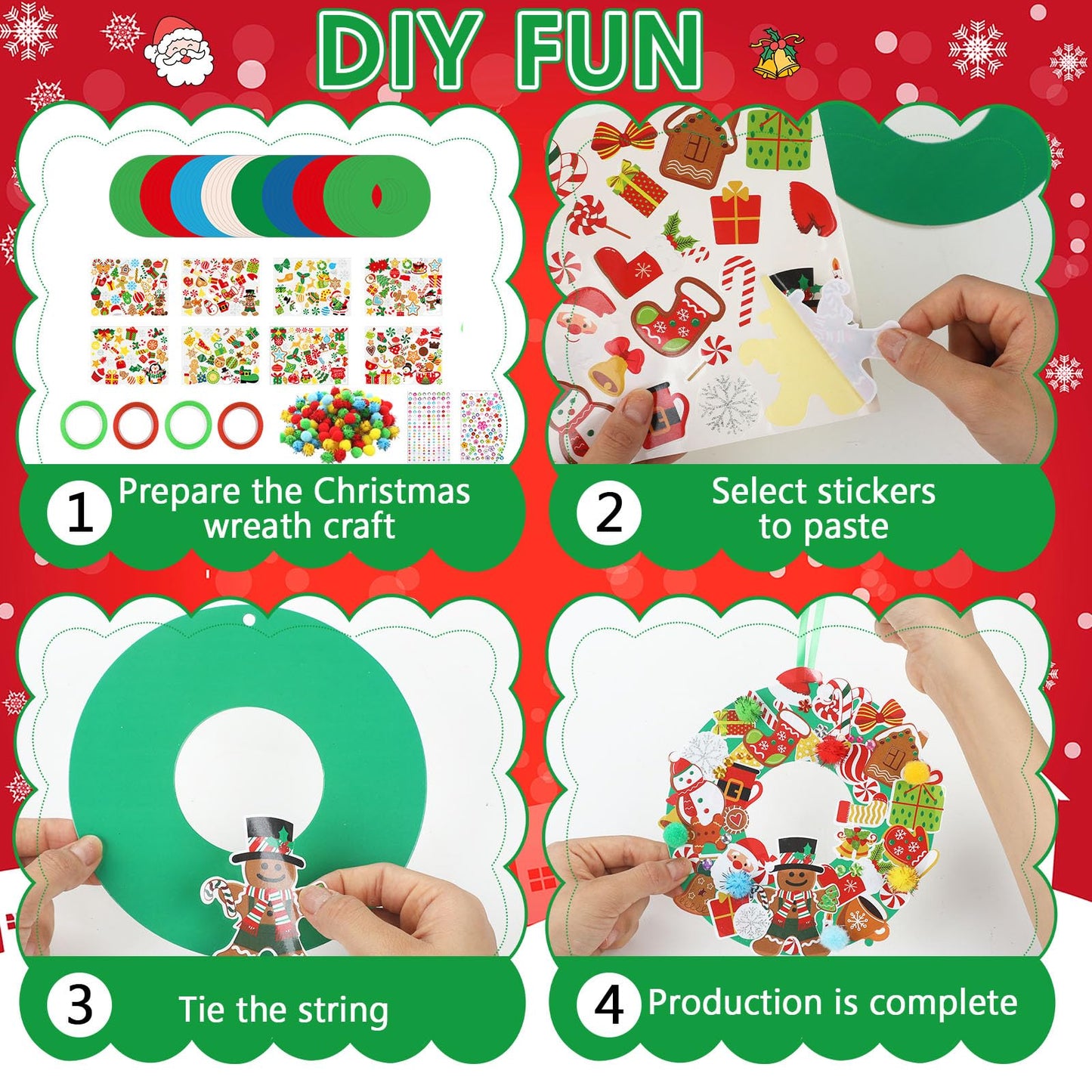 Hollowfly 48 Sets Christmas Wreath Craft Kits for DIY Santa Claus Wreath Hanging Ornaments Make Your Own Paper Xmas Craft with Stickers for Christmas Party Favors School Classroom Activities