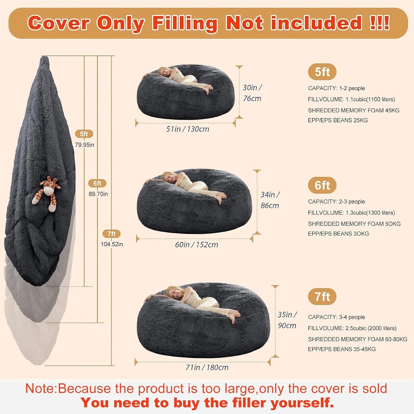 Bean Bag Chair Cover(No Filler) Soft Faux Fur Stuffed Animal Bean Bag Storage, Fluffy Plush Bean Bag Chair Cover Washable, Comfy Bean Bag Chairs for Adults, 7FT, Dark Grey
