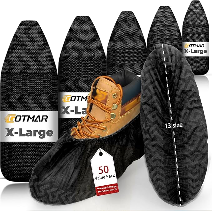 X-Large 50 Pack Breathable Shoe Covers Disposable for Indoors - Reusable Non-Slip Black Non-Woven Fabric Shoe Booties disposable, Fits Up to Men’s Size 13, Doubles as Travel Shoe Bags