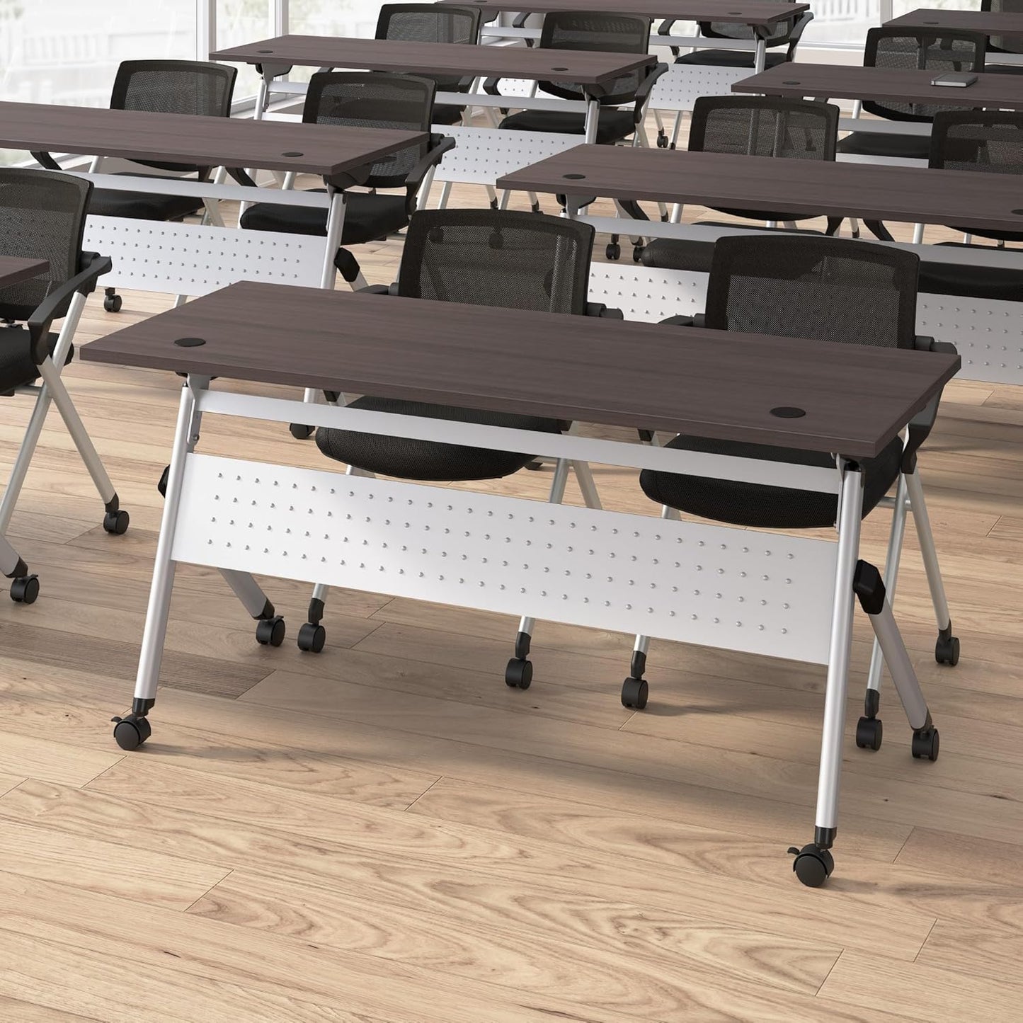 Bush Business Furniture Folding Training Table Set for 2, 72 inch Desk with Powered Grommets and 2 Chairs with Arms, Commercial-Grade Bundle for Office or Classroom, Envision Collection, Gray