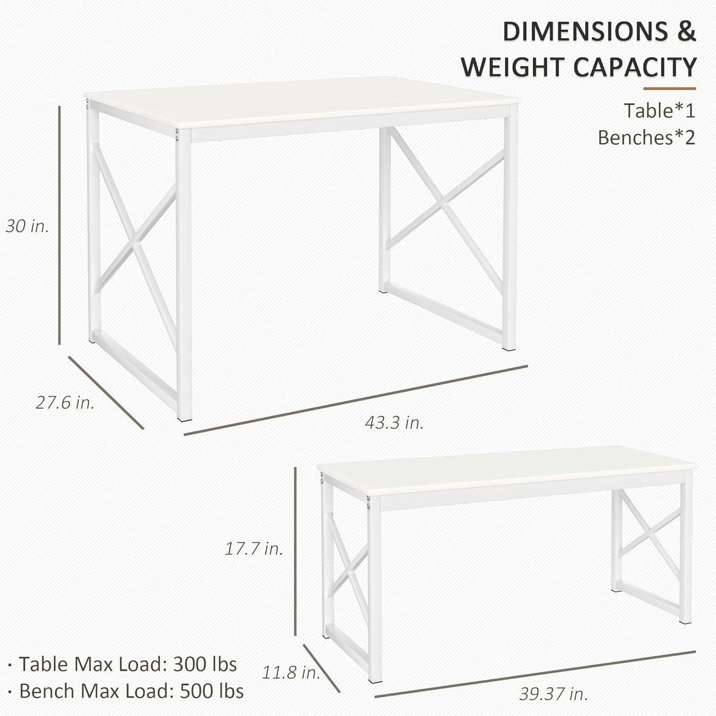VECELO Dining Table with 2 Benches for 4, 43.3'' Wood Kitchen Room Dinette Sets with Metal Frame for Breakfast Nook and Small Space, White