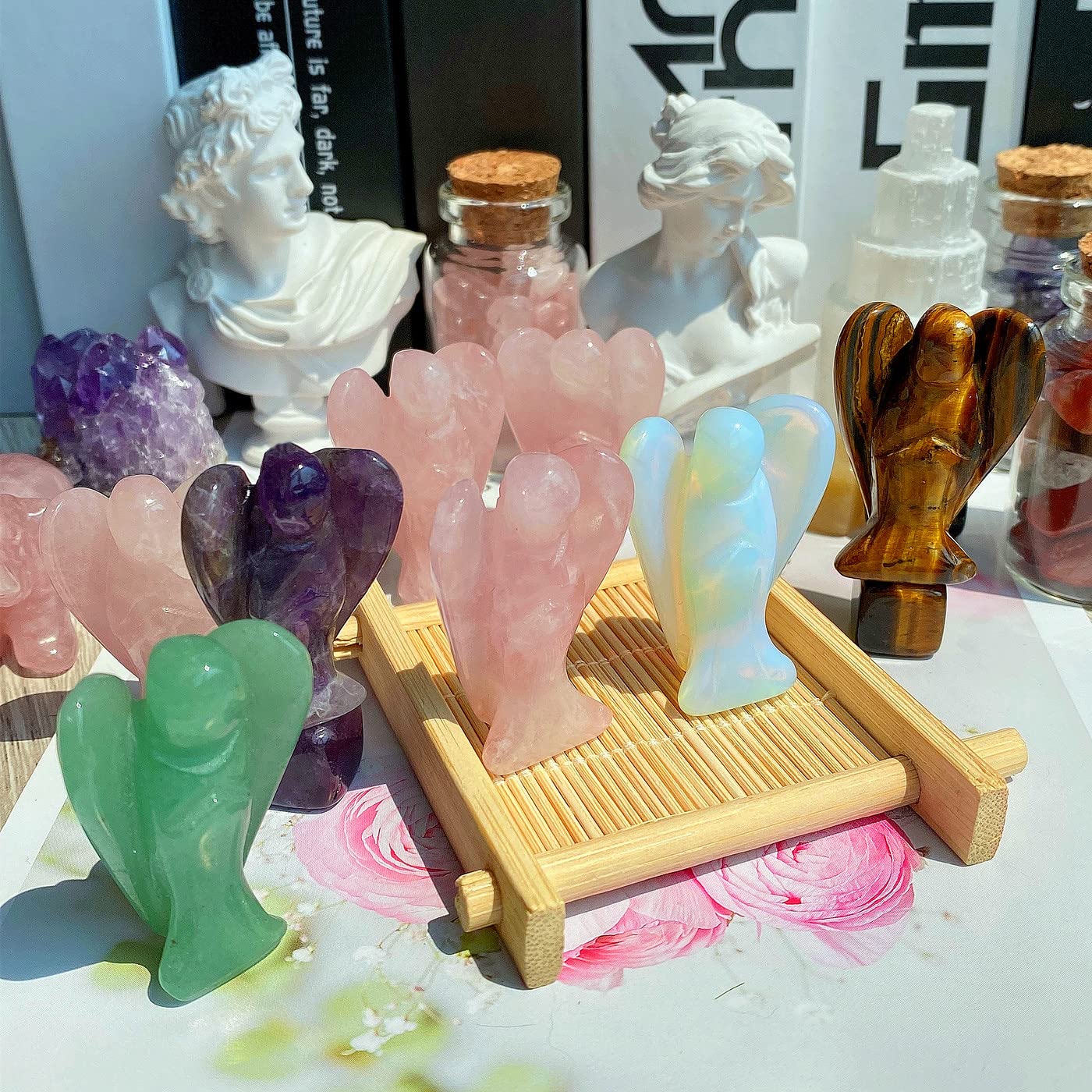 QINJIEJIE 5PCS Crystal Angel Decor Amethyst Rose Quartz Opal Black Obsidian Tiger Eye Polished Stones Statue Cute Carved Gemstone Room Office Desk Guardian Angel Home Reiki Pocket Gift for Women