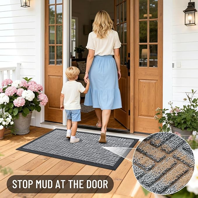 OLANLY Front Door Mat Outside Entrance 47x23, Absorbent, Heavy Duty Sturdy Natural Rubber Doormat Indoor Outdoor, Non-Slip, Stain and Fade Resistant, Low Profile Floor Mat for Entryway, Charcoal Gray