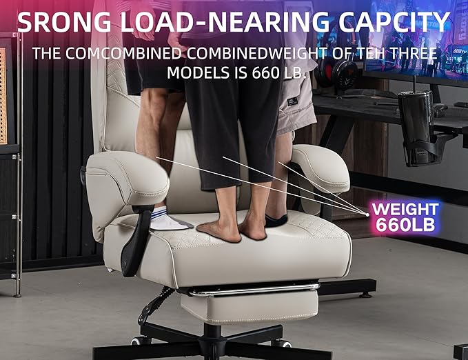 Big and Tall Office Chair 400lbs Heavy Duty Gaming Chair with Foot Rest & Lumbar Support, Ergonomic Wide Comfy Seated Cushion for for Gaming Room,Office Room, Beige