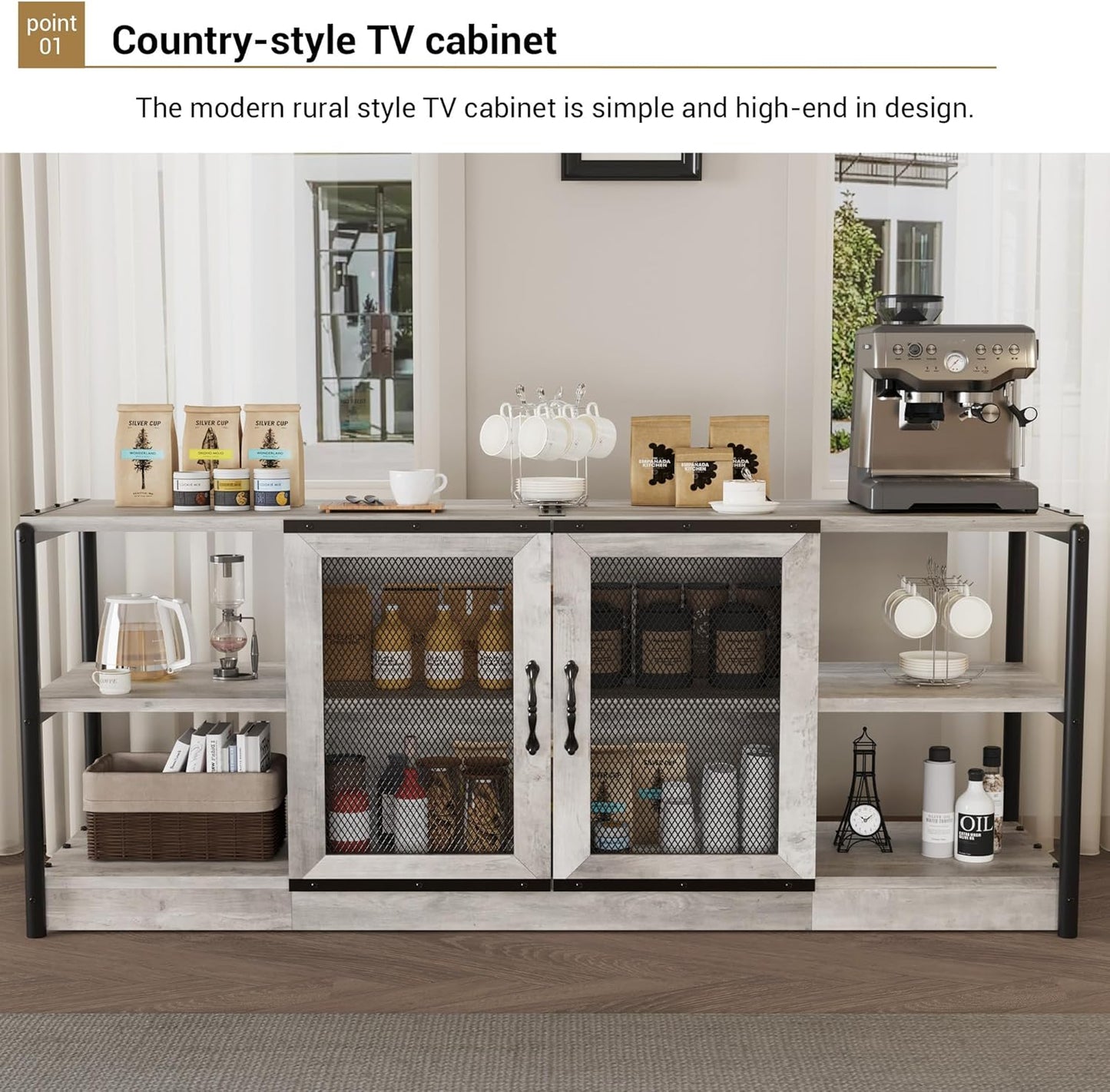 Farmhouse TV Stand for 65+ Inch TV, Industrial TV Cabinet, Entertainment Center with Double Mesh Doors and Storage Cabinet, Rustic TV Cabinet, TV Console Table Media Cabinet for Living Room, Grey