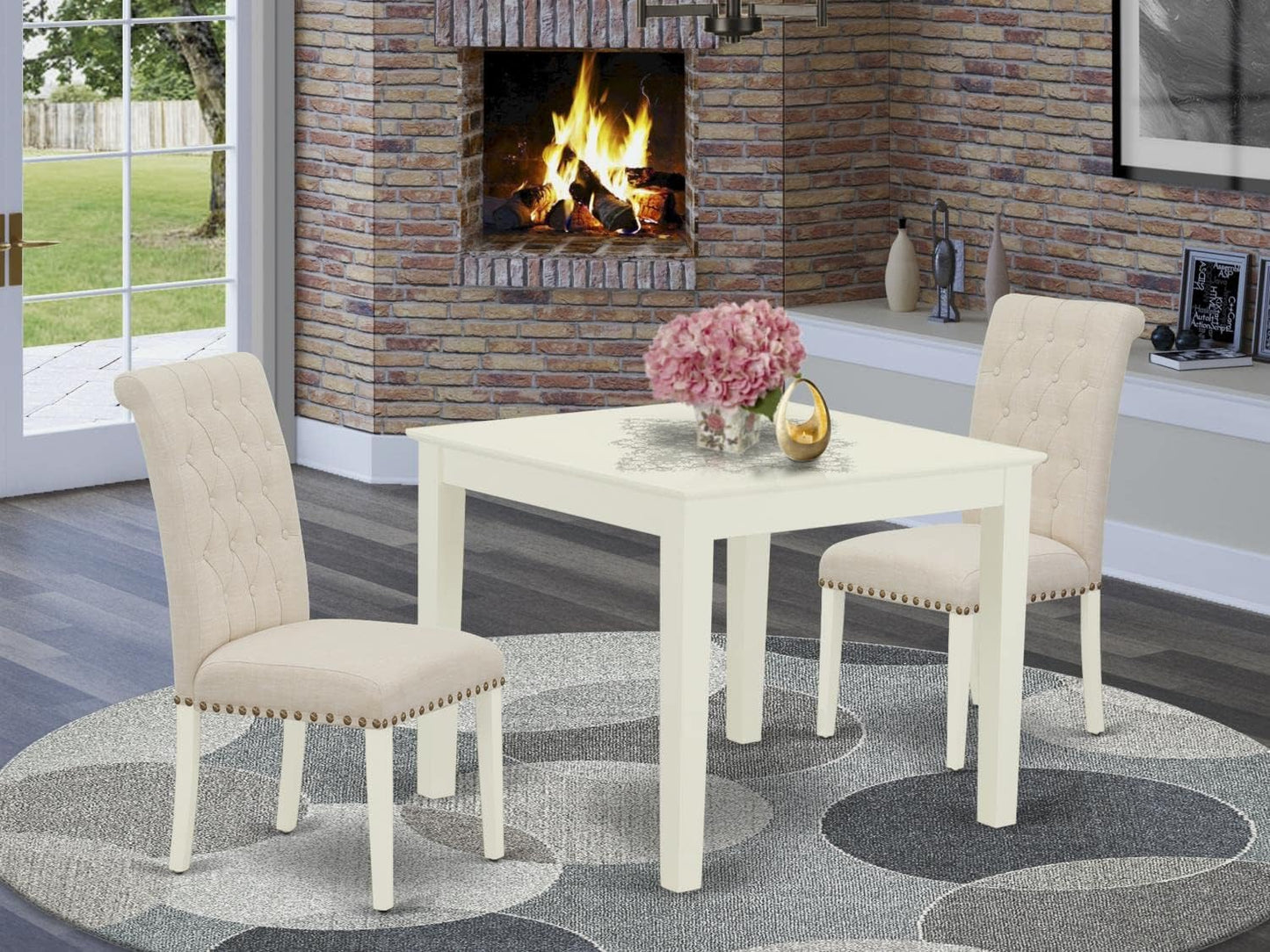East West Furniture OXBR3-LWH-02 3 Piece Dining Room Furniture Set Contains a Square Dining Table and 2 Light Beige Linen Fabric Parsons Chairs, 36x36 Inch, Linen White